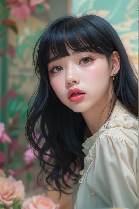 a black hair girl,15-year-old female, Hide your forehead with bangs,blue eyes,Thick lips, Open the center of your lips、extremely detailed lips, large mouth, full, plump, Lip balm for shiny, glossy lips,light pink lips, natural-looking makeup, transparent l...