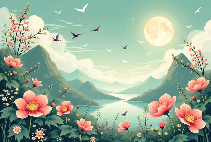 Flowers, birds, wind and moon,Japanese style,masterpiece, Overlooking, 