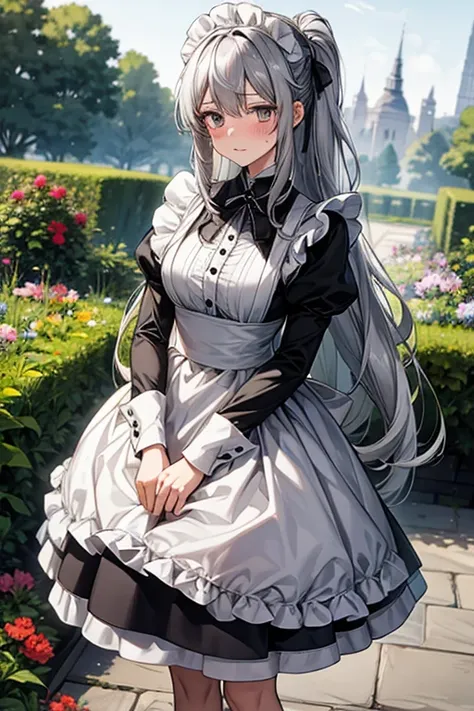 knee shot, female, gray hair, gray eye, long hair, maid uniform, a woman of virtue, embarrassed, garden, standing, 170cm