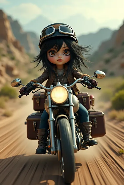 Blythe Doll、Shortcuts, helmet、goggles、Dark hair with disheveled boots , Rural landscape riding an American motorcycle loaded with luggage and running at high speed