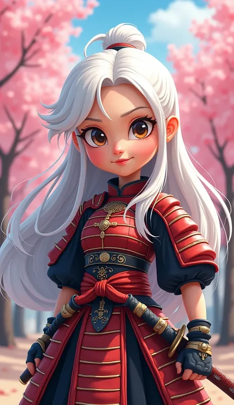 Create a proud cartoon caricature of a white hair girl as a samurai, depicted from multiple angles. The character should showcase a confident and determined expression with exaggerated features that highlight her personality. Display her in traditional sam...