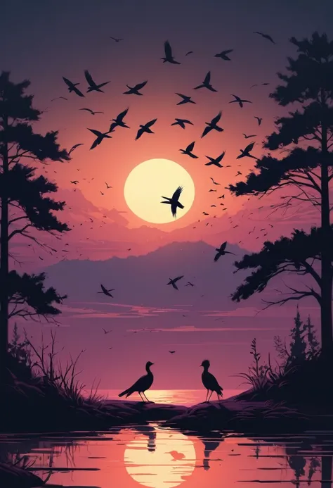 shadow flat vector art of birds, by Alena Aenami, enhance, intricate, (best quality, masterpiece, Representative work, official art, Professional, unity 8k wallpaper:1.3)