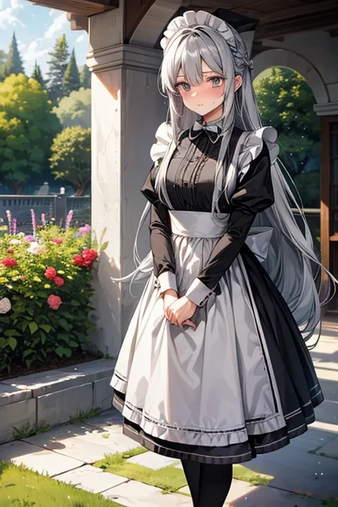 knee shot, female, gray hair, gray eye, long hair, maid uniform, a woman of virtue, embarrassed, garden, standing, 170cm