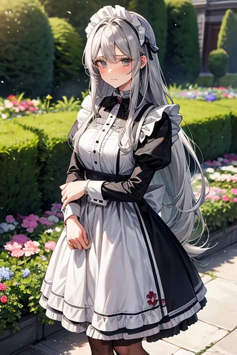 knee shot, female, gray hair, gray eye, long hair, maid uniform, a woman of virtue, embarrassed, garden, standing, 170cm