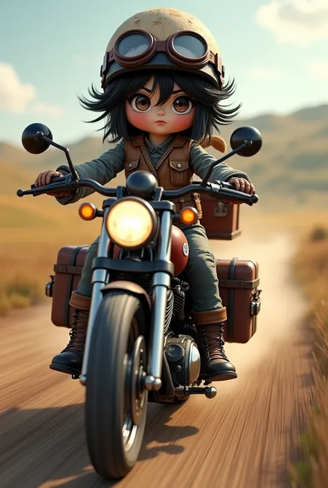 Licca-chan doll 、Shortcuts, helmet、goggles、Dark hair with disheveled boots ,  rural scene riding an American motorcycle loaded with luggage and running at high speed