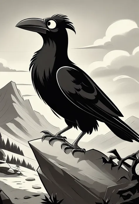 black and white vintage cartoon of a huge crow   on a rock