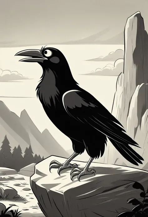 black and white vintage cartoon of a huge crow   on a rock