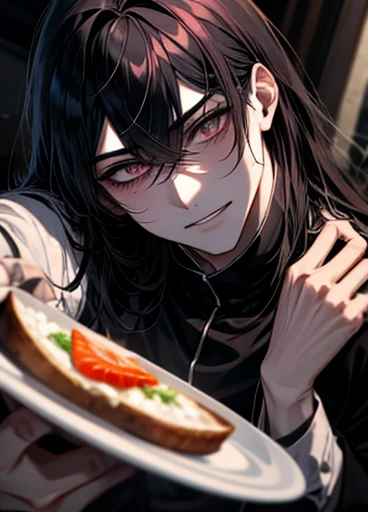 Private Server、{room}、dark、dark、{craziness}、 good-looking guy with empty eyes、Long Bangs、Unshaven、{Yandere}、Twisted Smile、{male}、High image quality、{anger}、{Breakfast}、Empty face