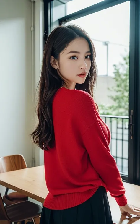  CG Unity 8k wallpaper with high detail, Of the highest quality,  environment Delicate , Masterpiece, It is true, Realistic photography,  very detailed cute girl , shyุ 25 ปี, (Red sleeved sweater ) ,   shy , Big round eyes, medium breasts, Viewers current...