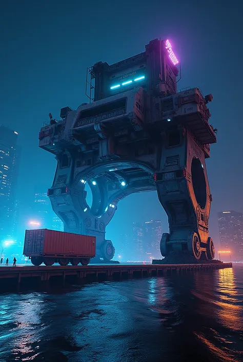 A massive cargo loader in a futuristic cyberpunk port at night, unloading heavy crates onto a glowing platform. The machinery is covered in fluorescent lights, casting a blue and purple glow. 
