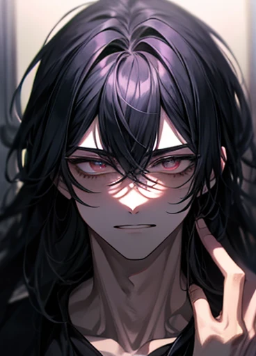 Private Server、{room}、dark、dark、{craziness}、 good-looking guy with empty eyes、Long Bangs、Unshaven、{Yandere}、Twisted Smile、{male}、High image quality、{anger}、Empty face、A firm eye、Above the upper body、