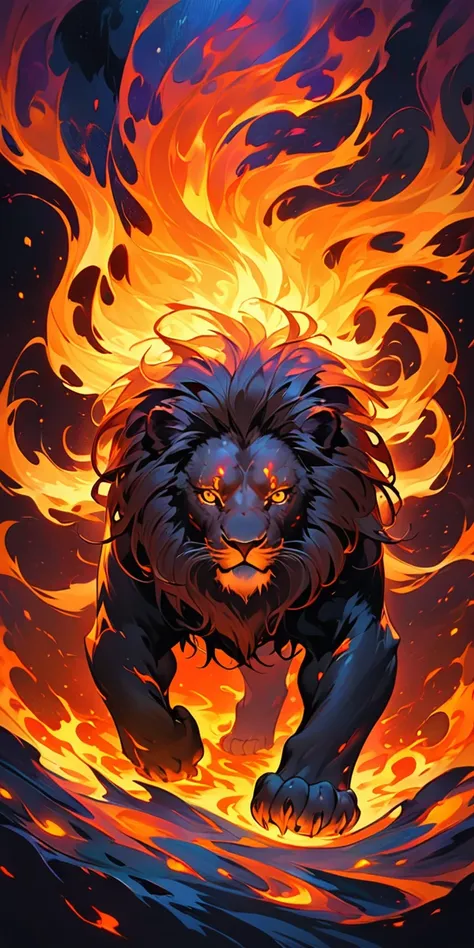 a stunning abstract energy painting ， in the shape of a fire lion the overall atmosphere of the 。狮子的身体由vibrant的旋转火焰组成， its eyes ...