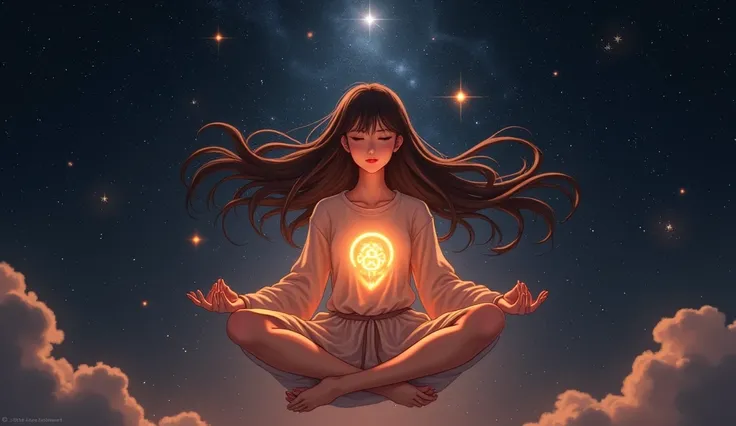 Masterpiece,ultra-detailed,8k,high detail ed,19 years beautiful girl (anime) does meditation in the dark space. she seems focused on her breath and Sacral Chakra. At her sacral chakra there is a very bright orange light rune. She levitates slightly off her...