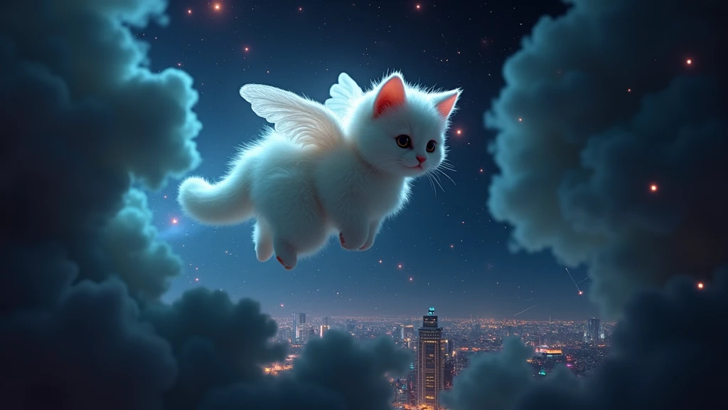 3D fluffy Pixie Kitty stuffed cat, Cat Angel、(Floating above the colorful Tokyo nightscape),3D Kitty Cat in a cosmic maelstrom nebula, rendered in cosmic beach whirlpool engine, volumetric lighting, spectacular, ambient lights, light pollution, cinematic a...