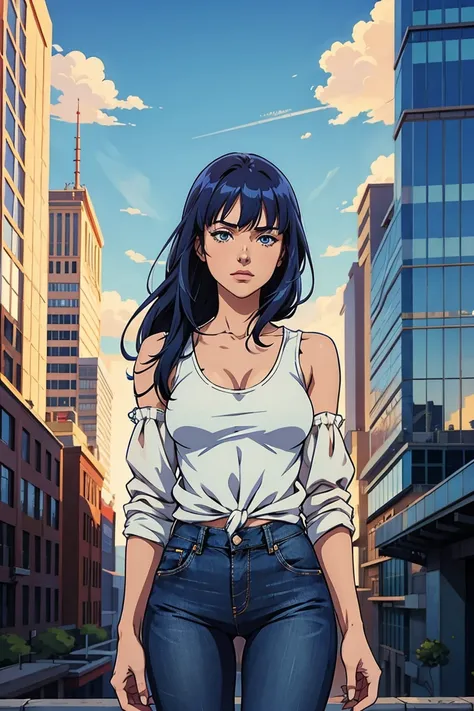 1 girl,fringe,therefore_hair,blue_sky,,construction, top of the building ,city,cloud,is,dress,looking_no_ viewer ,jeans pants , ...