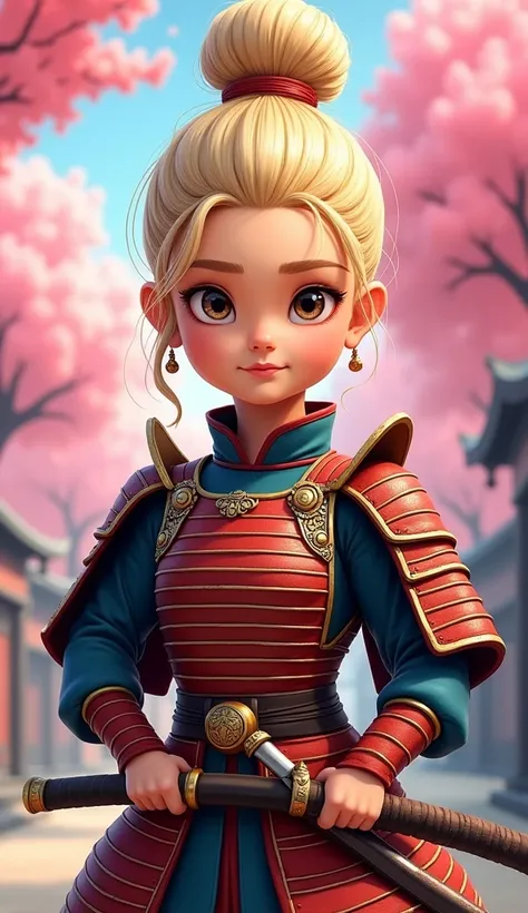 Create a proud cartoon caricature of a blond girl as a samurai, depicted from multiple angles. The character should showcase a confident and determined expression with exaggerated features that highlight her personality. Display her in traditional samurai ...