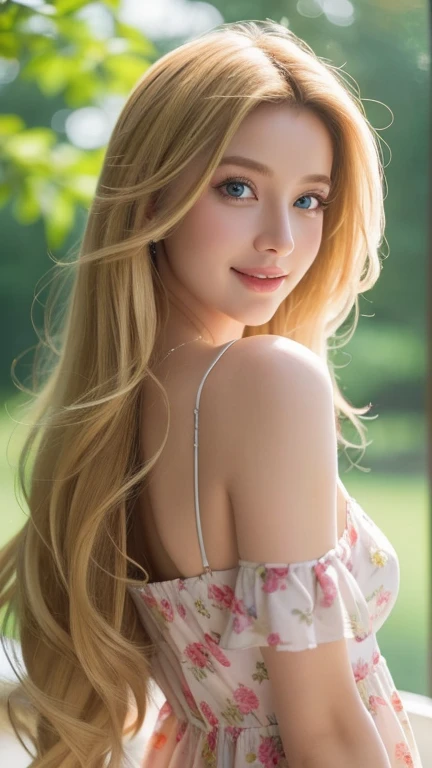 ( best quality, fine detail ,photo-realistic:1.37),Bright and vibrant colors,Studio lighting,Fun expressions,Stylish makeup, Long blonde hair fluttering in the wind ,Attractive eyes,Glossy lips,Sexy pose,Sundress ,, smiling confidently and seductively , Pr...