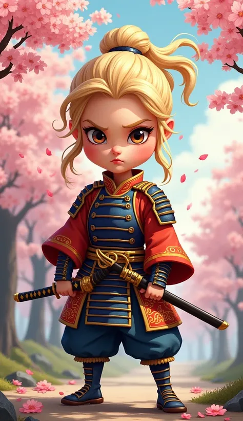 Create a proud cartoon caricature of a blond girl as a samurai. The character should have an expressive face showing confidence and determination, with large, exaggerated features to emphasize the cartoon style. She should be dressed in traditional samurai...