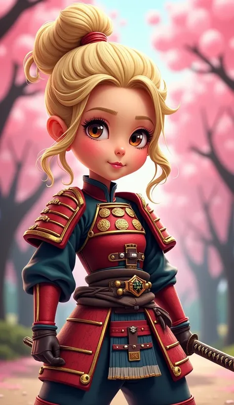 Create a proud cartoon caricature of a blond girl as a samurai, depicted from multiple angles. The character should showcase a confident and determined expression with exaggerated features that highlight her personality. Display her in traditional samurai ...