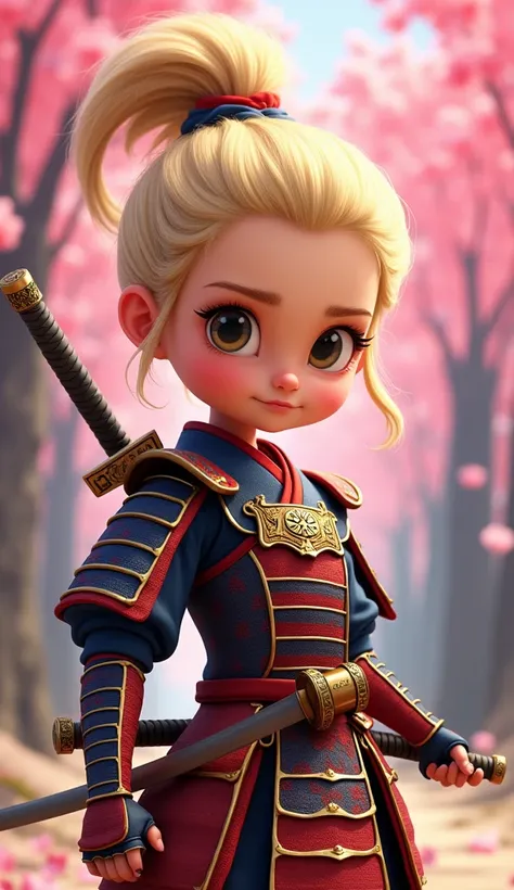 Create a proud cartoon caricature of a blond girl as a samurai, depicted from multiple angles. The character should showcase a confident and determined expression with exaggerated features that highlight her personality. Display her in traditional samurai ...