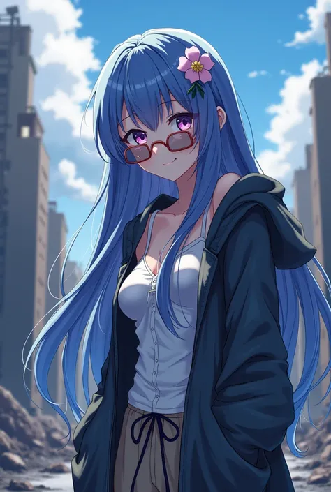 Smile, 1girl, Long Hair, Purple Eyes, Hood, Hair Flower, Blue Hair, Breasts, Light Blush, Sunglasses, Scar On Cheek, Anime Style, Apocalypse, 