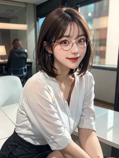 woman sitting in the office room, white wall, grey table, ceo, (business outfit:1.2), (office shirt:1.2), black tight skirt, ear...