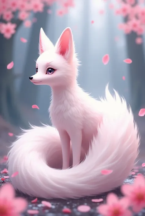 Nine tails (1.0), milky fox tail (1.0), nine tails, nine-tails, nine-tails, , pink flower rain, background blur, anime style 4 K, anime fantasy artwork, 4k anime wallpaper, Artwork in the Guvez style