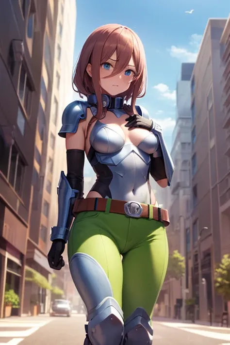 Masterpiece, best quality, ultra detailed, illustration, lighting epic, cinematic composition, 1 girl, Miku Nakano, medium hair, brown hair, medium breasts, blue eyes, bright eyes, blushing, closed mouth, full body, tall, black collar, very athletic, green...