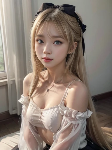 Works of art,  The best quality , girl, Alternatives to longHair, absurdly long Hair, Blonde Hair, bow Hair, aqua eyes,  seductive smile , language, black eyes, Long eyelashes, small breasts, White shirt, Short black skirt, shoes, pendants, hair band, ribb...