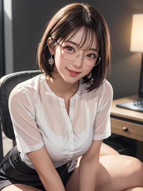 woman sitting in the office room, white wall, grey table, ceo, (business outfit:1.2), (office shirt:1.2), black tight skirt, ear...