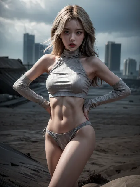 (1girl:1.3), solo, __body-parts__, doomsday wasteland style, dusty, stormy, dirty, gray tones, 8k resolution image, intricate symmetrical details. Small waist, big hips, abs, big breasts,The whole picture is invincible and heroic, mainly a complete picture...