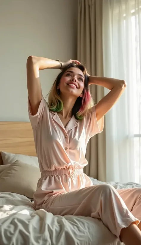  Beautiful (((Latina))) girl named Luna, middle length pink-yellow-green gradient hair, bob cut hairstyle, 20 years old, (((cute face))), light tanned, sits on a modern wooden bed in a bright, airy bedroom, just waking up. She stretches her arms overhead, ...