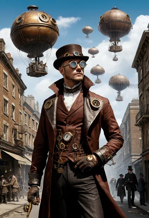  Un paysage urbain steampunk à couper le souffle avec des bâtiments imposants ornés dengrenages et de tuyaux à vapeur , dirigeables flottant dans le ciel,  et une rue animée remplie de personnes portant des vêtements de lépoque victorienne et des accessoir...