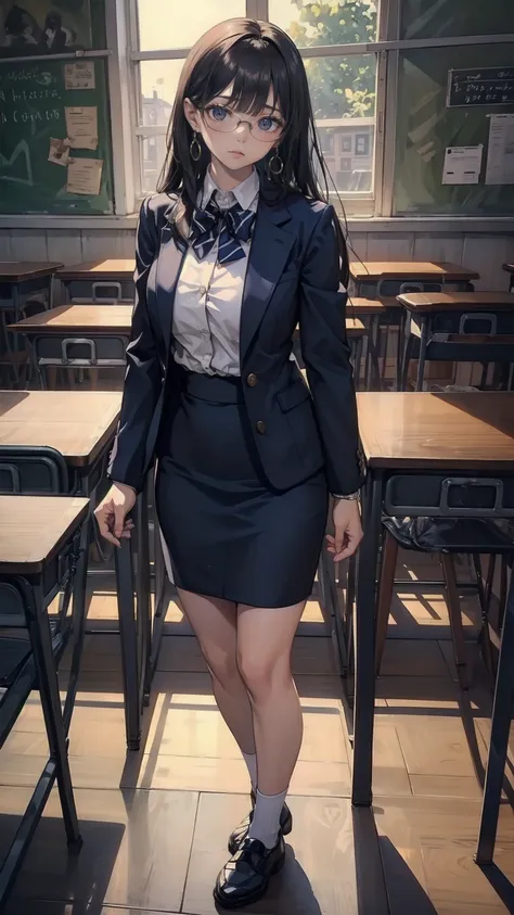 Black Hair, bangs, Hair behind the ear, Very long hair, jewelry, Earrings, masterpiece, Textured Skin,  detailed , Best Quality, Adult female, High school teacher, Wear a jacket, Dark Blue Suit, White blouse, Tight skirt,  mature woman, Good drawing, Standing alone in the classroom, During class, Glasses
