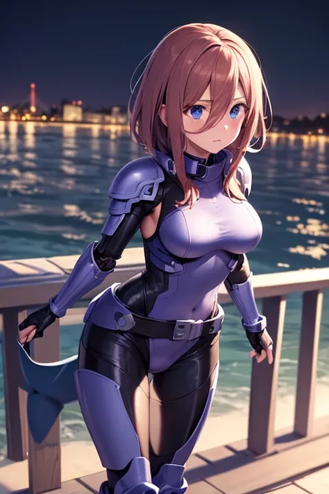 Masterpiece, best quality, ultra detailed, illustration, lighting epic, cinematic composition, 1 girl, Miku Nakano, medium hair, brown hair, medium breasts, blue eyes, bright eyes, blushing, closed mouth, full body, black collar, tall, very athletic, shark...