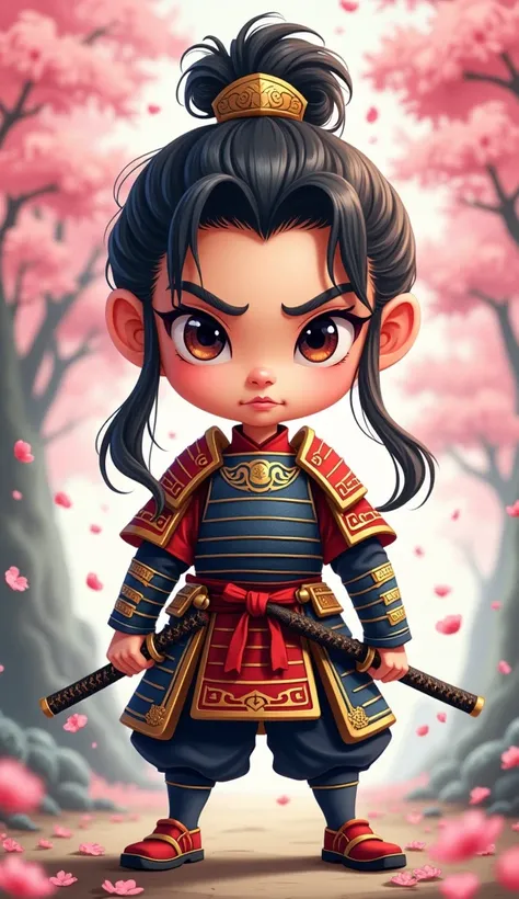 Create a proud cartoon caricature of a girl as a samurai. The character should have an expressive face showing confidence and determination, with large, exaggerated features to emphasize the cartoon style. She should be dressed in traditional samurai armor...