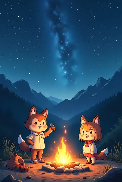 top quality, best quality, High-quality illustrations, masterpiece, super high resolution, detailed background, detailed background, Campsite in the mountains, group shot, 1boy, 1girl, camp-fire, night sky, absurdres, perfect anatomy(Photo of family trip)(...