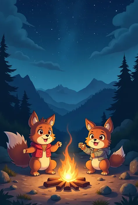 top quality, best quality, High-quality illustrations, masterpiece, super high resolution, detailed background, detailed background, Campsite in the mountains, group shot, 1boy, 1girl, camp-fire, night sky, absurdres, perfect anatomy(Photo of family trip)(...