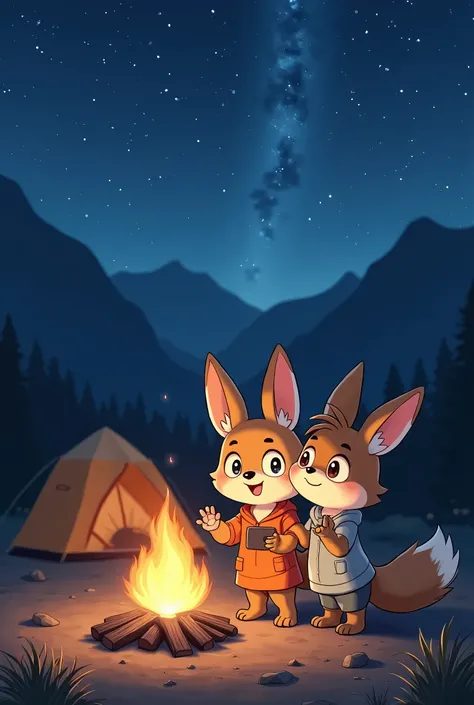 top quality, best quality, High-quality illustrations, masterpiece, super high resolution, detailed background, detailed background, Campsite in the mountains, group shot, 1boy, 1girl, camp-fire, night sky, absurdres, perfect anatomy(Photo of family trip)(...