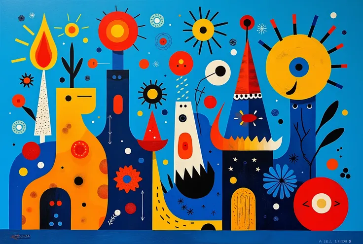 colorful design, in style of Mirò, vivid blue colors, full image design