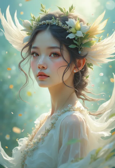 a girl in a flowing white dress, spirit of the wind, extremely detailed eyes and face, beautiful detailed lips, longeyelashes, d...