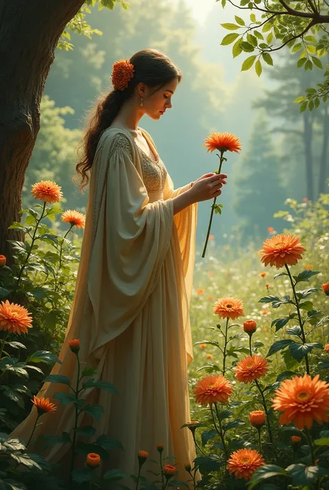 Create an image of a woman, in medieval clothes,  picking chrysanthemums and behind it, a forest landscape 