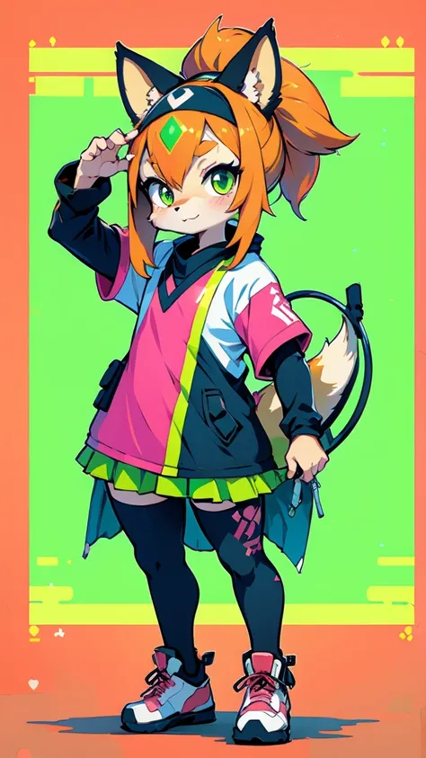 narrow, cyberpunk, (Japanese, samurai), 1 woman, wakame, Cherry on the forehead, ((Mechanical Gym Clothing, Green colors, Amerindian and pink)), green background, night, Chibi, best quality, best masterpiece,  high definition, 16k, 1 capybara, 1 fox