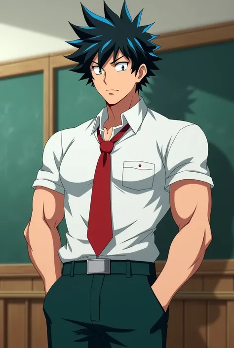 Sixteen-year-old black-haired boy fuss with blue tips gray eyes marked and muscular physique wearing a white t-shirt with a red tie and dark green pants being a UA uniform the boy is slightly blushing in a classroom he lives in My Hero Academia 