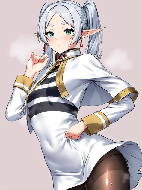 score 9, score 8 up, score 7 up, rating questionable,
simple background,(anatomically correct),
solo,1girl,
(frieren, pointy ears, elf, earrings, twintails, parted bangs, grey hair, thick eyebrows),collared capelet, white capelet, striped shirt, long sleev...