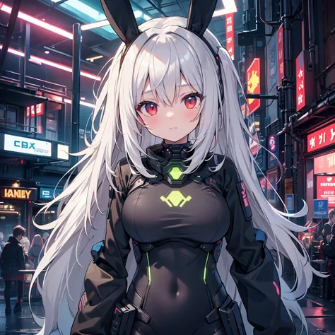 Hand Repair,Dark atmosphere:1.9,Best Quality,SF,detailed,cyborg,masterpiece,8k,One Girl,beautiful girl,very wide shot,Neon Light,cyberpunk night background,((Bunny ears,Animal ears)),Gray Hair,Long Hair,Hair covering the ears,Highlight Eyes,Red eyes,Big Br...