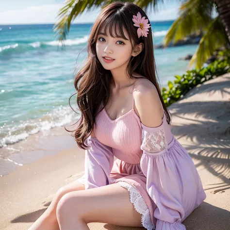 laughing out loud，Wear a dress of many colors，Dress is pink light purple with white base，The skirt shows fluffy curvature，Dress with a flower ，knee shot, on the beach，1 female, light brown hair, blunt bangs, hair behind ears, Shoulder length hair, long hai...