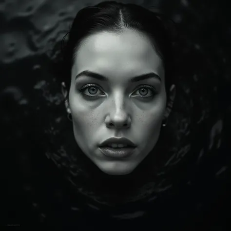 close-up aerial view of the face of a completely white-skinned woman sticking her face out of a body of black water, lots of detail, monochrome black and white image, hyper-realistic photography