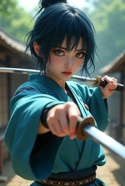 (photorealism:1.2), beautiful japanese woman, pale skin, 21years old. Big , short hair, blue kimono, green eyes, angry face, fighting pose with short katana.her eyes very sharp. Her face sad and angry because lost peoples. She is general of war. Background...