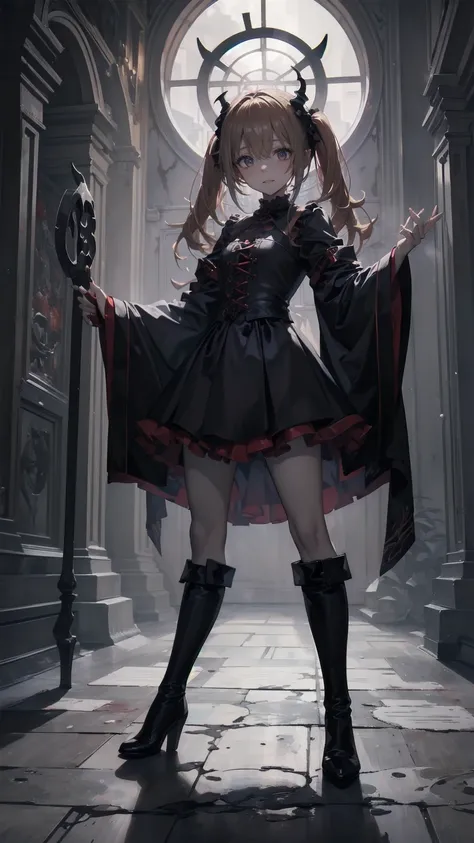 Shaded face　、beautiful girl、とてもcute天使、Pink Gothic FaShion、cute、baby face、Smile、Long Skirt、Black long bootS、.(HigheSt quality,4K,High reSolution,maSterpiece:1.2),Very detailed,RealiStic:1.37,Spooky altar background,Dark fantaSy,Red color Scheme,OminouS atmo...